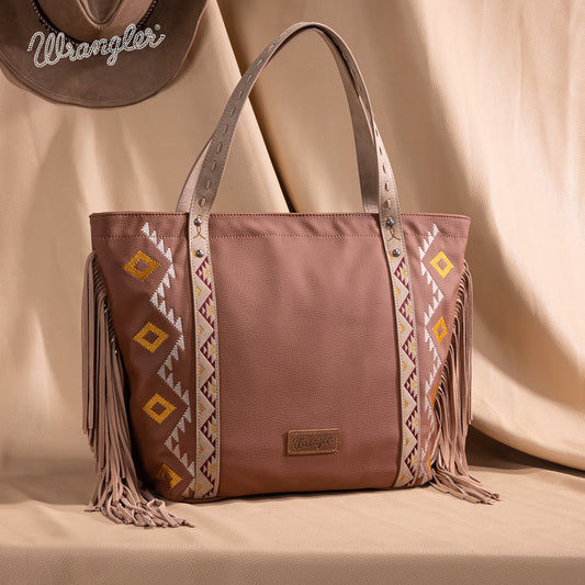 WG233-2002  Wrangler Aztec Embroidered Large Tote Bag- Light Brown