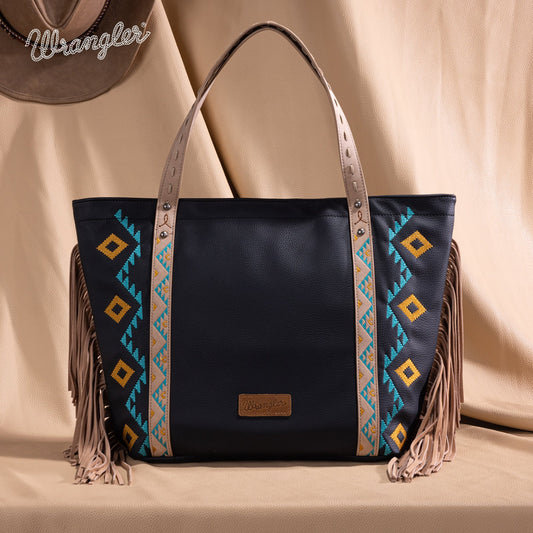WG233-2002  Wrangler Aztec Embroidered Large Tote Bag- Black
