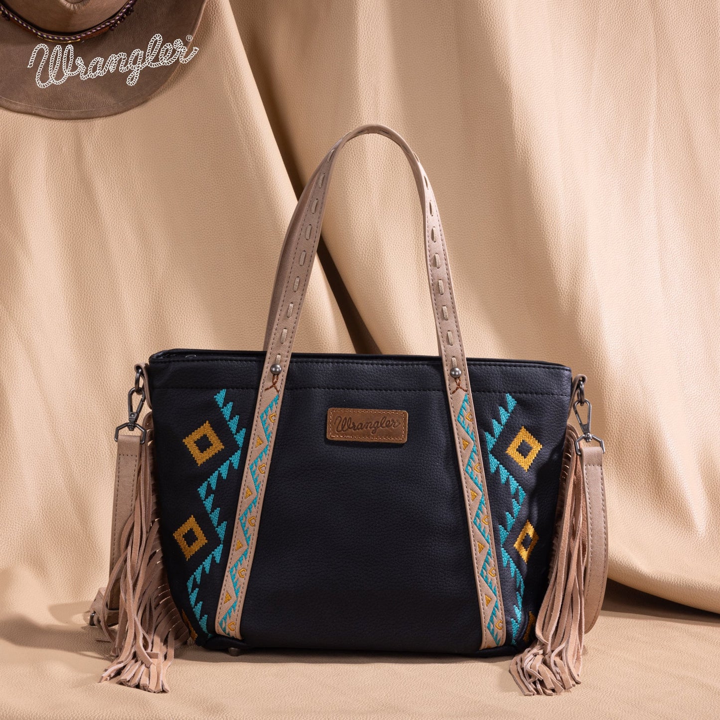 WG233-2009  Wrangler Aztec Embroidered Tote/Crossbody Bag- Black