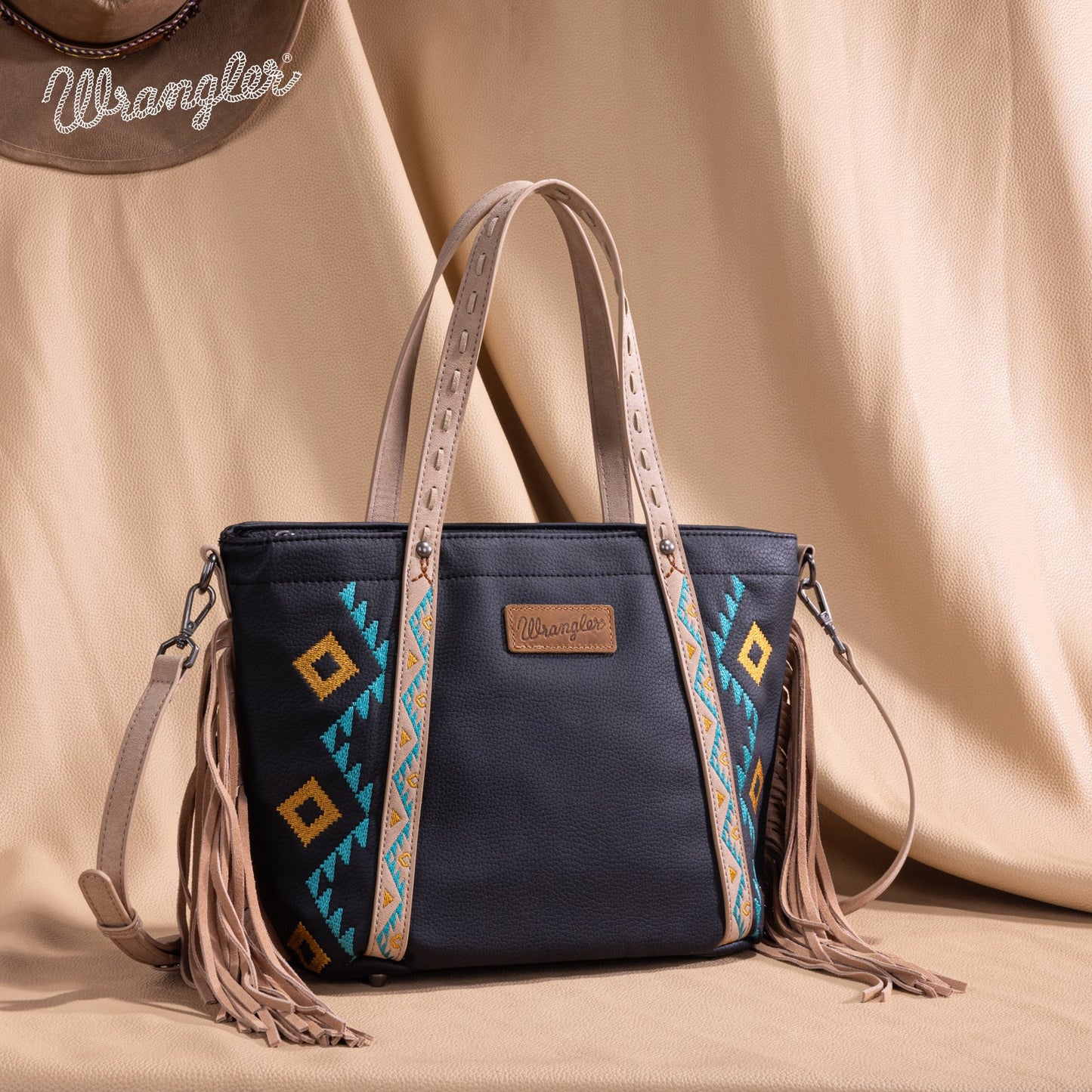 WG233-2009  Wrangler Aztec Embroidered Tote/Crossbody Bag- Black