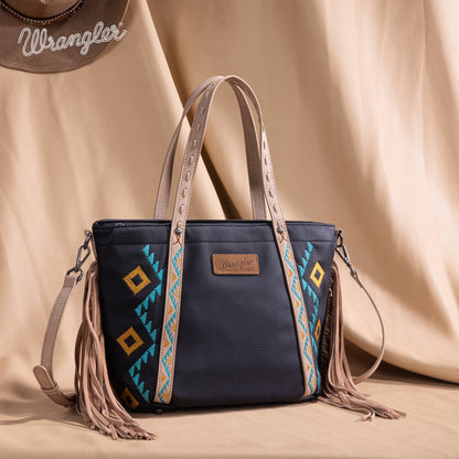 WG233-2009  Wrangler Aztec Embroidered Tote/Crossbody Bag- Black