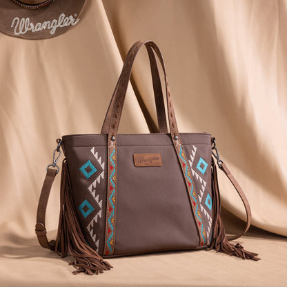 WG233-2009  Wrangler Aztec Embroidered Tote/Crossbody Bag- Brown