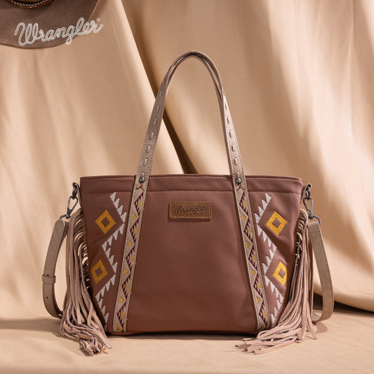 WG233-2009  Wrangler Aztec Embroidered Tote/Crossbody Bag- Light Brown