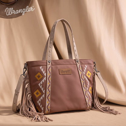WG233-2009  Wrangler Aztec Embroidered Tote/Crossbody Bag- Light Brown