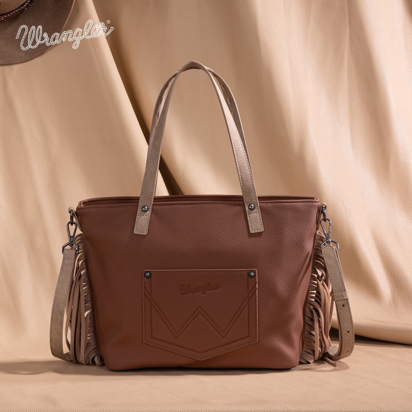 WG233-2009  Wrangler Aztec Embroidered Tote/Crossbody Bag- Light Brown