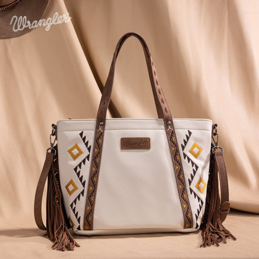 WG233-2009  Wrangler Aztec Embroidered Tote/Crossbody Bag- Beige