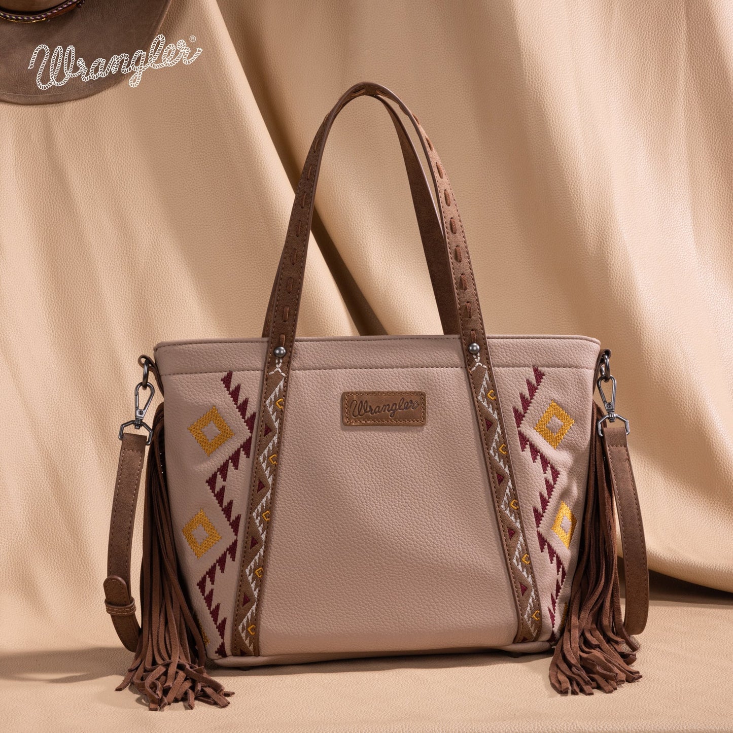 WG233-2009  Wrangler Aztec Embroidered Tote/Crossbody Bag- Tan