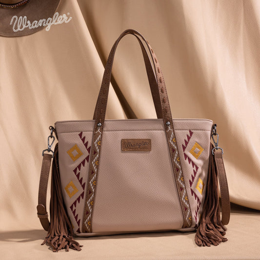 WG233-2009  Wrangler Aztec Embroidered Tote/Crossbody Bag- Tan