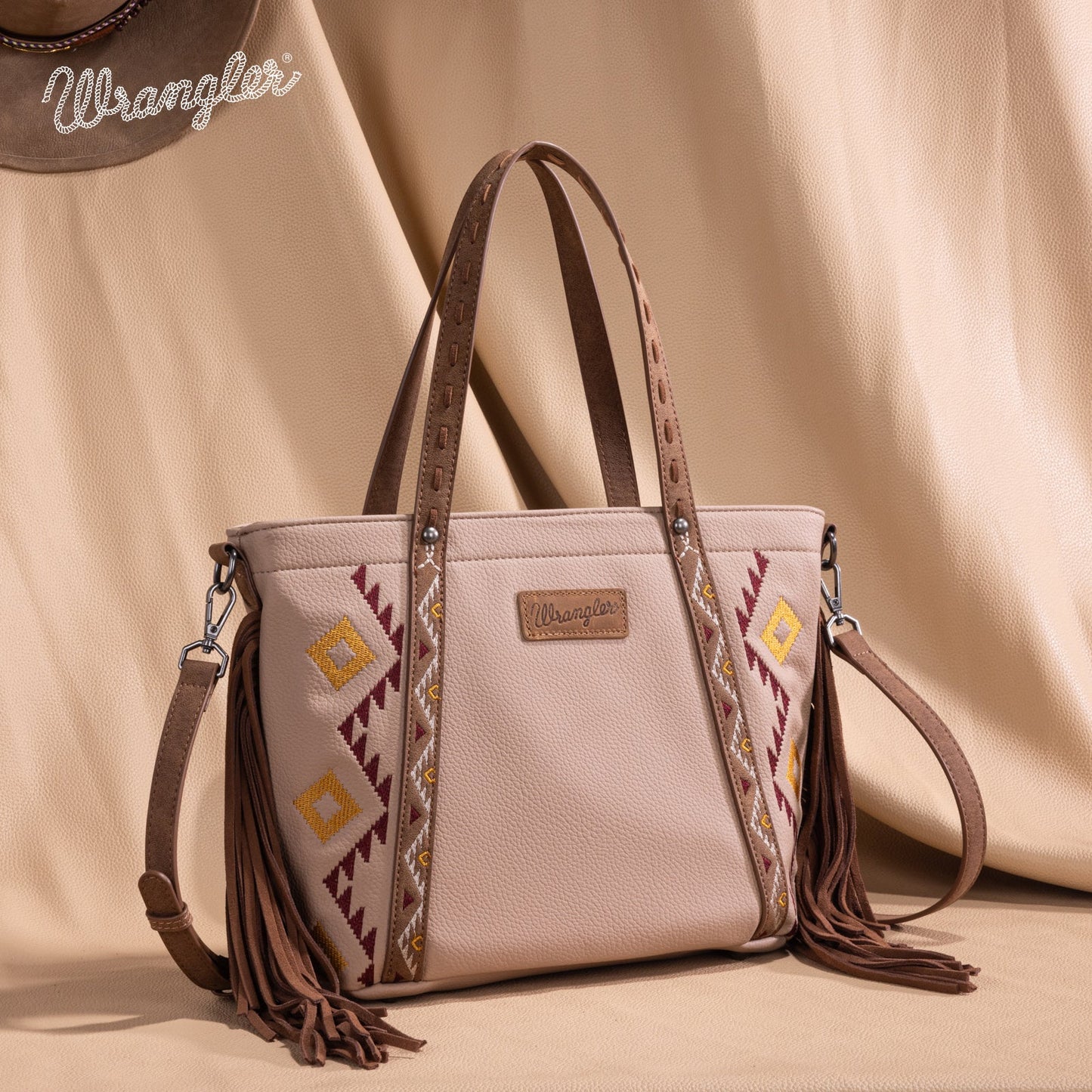 WG233-2009  Wrangler Aztec Embroidered Tote/Crossbody Bag- Tan