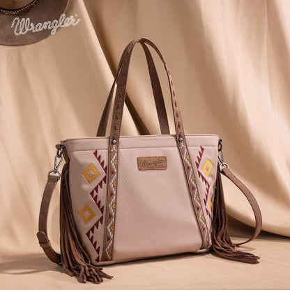 WG233-2009  Wrangler Aztec Embroidered Tote/Crossbody Bag- Tan