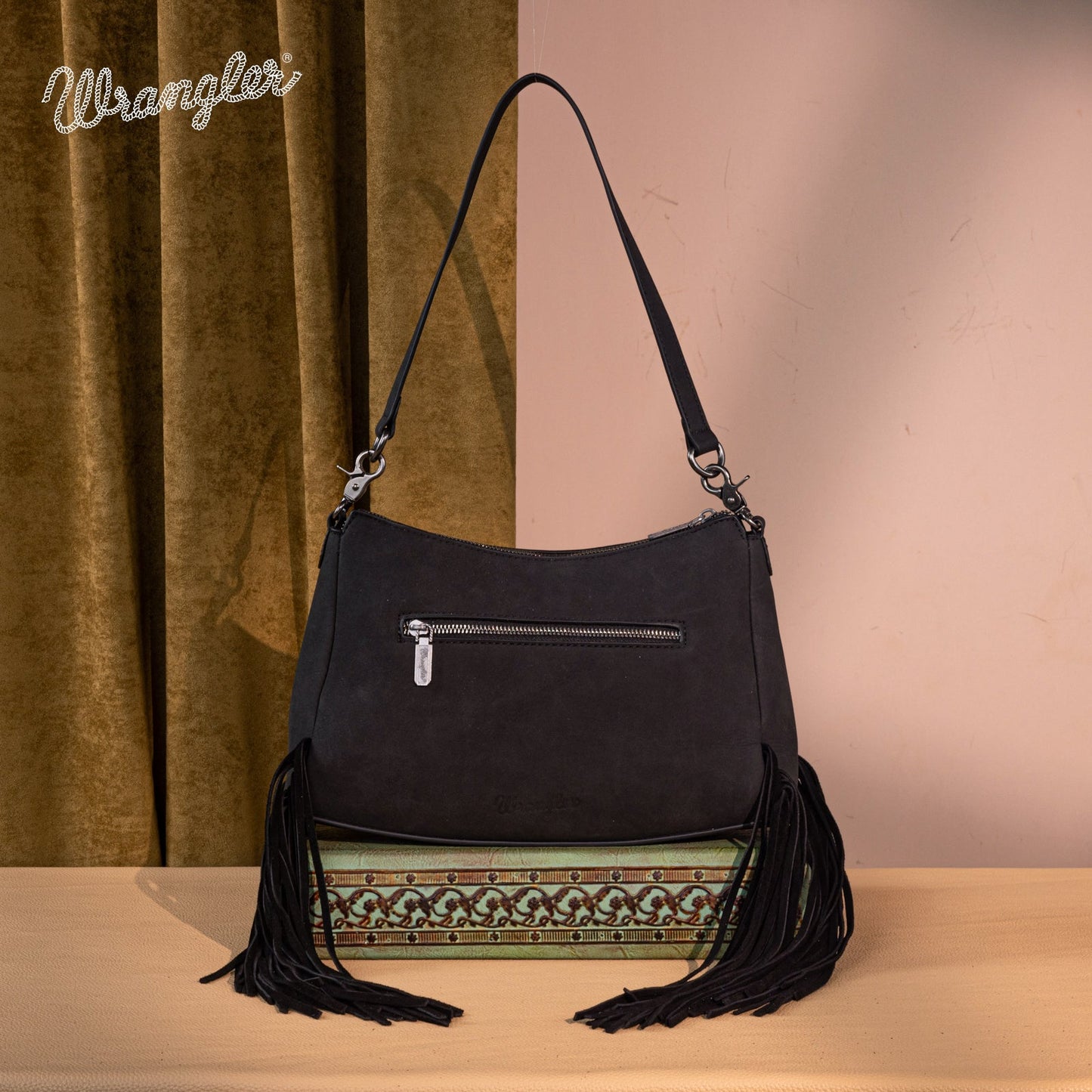WG241-2022  Wrangler Fringe Buckle Hobo Bag/Crossbody Bag - Black