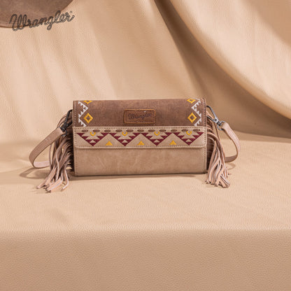 WG233-W018 Wrangler Aztec Embroidered Fringe Wallet/Crossbody -Light Brown