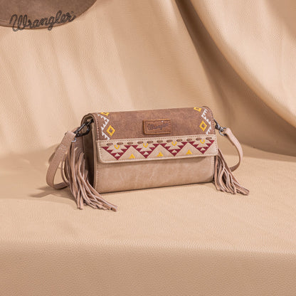 WG233-W018 Wrangler Aztec Embroidered Fringe Wallet/Crossbody -Light Brown