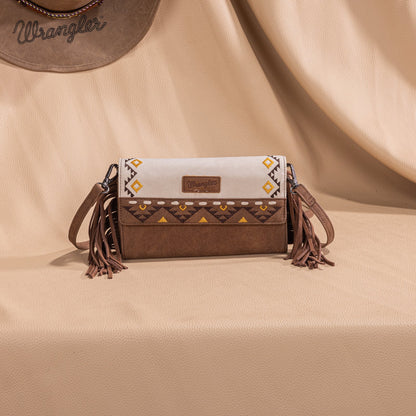 WG233-W018 Wrangler Aztec Embroidered Fringe Wallet/Crossbody -Beige