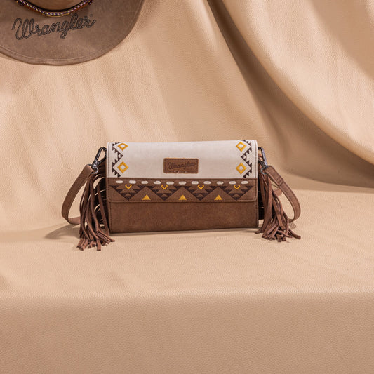 WG233-W018 Wrangler Aztec Embroidered Fringe Wallet/Crossbody -Beige