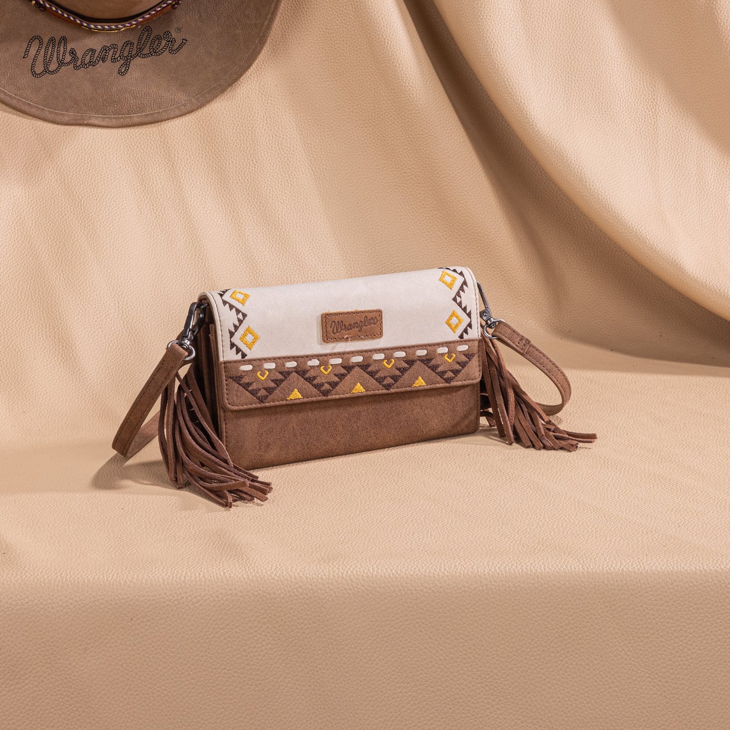 WG233-W018 Wrangler Aztec Embroidered Fringe Wallet/Crossbody -Beige