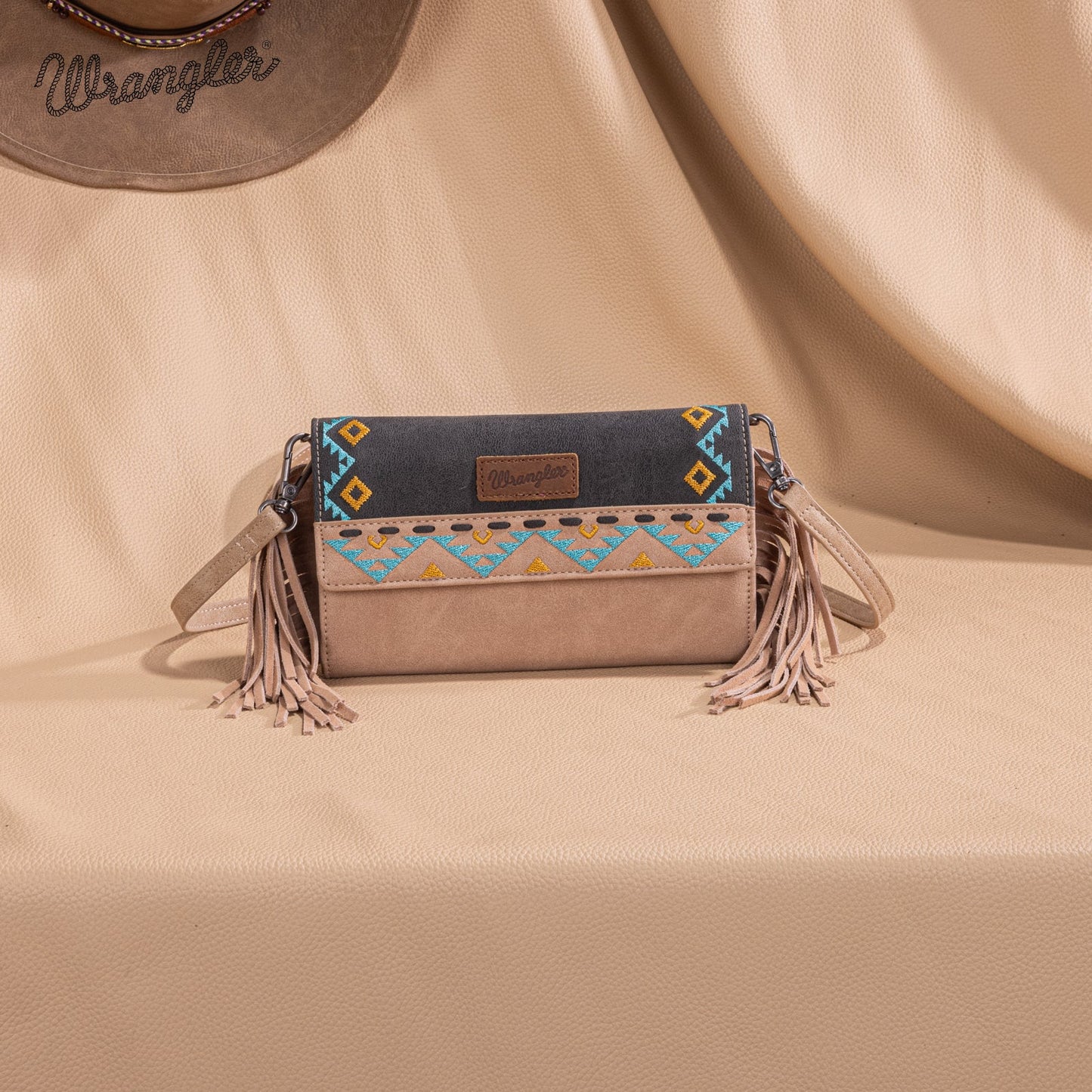 WG233-W018 Wrangler Aztec Embroidered Fringe Wallet/Crossbody -Black
