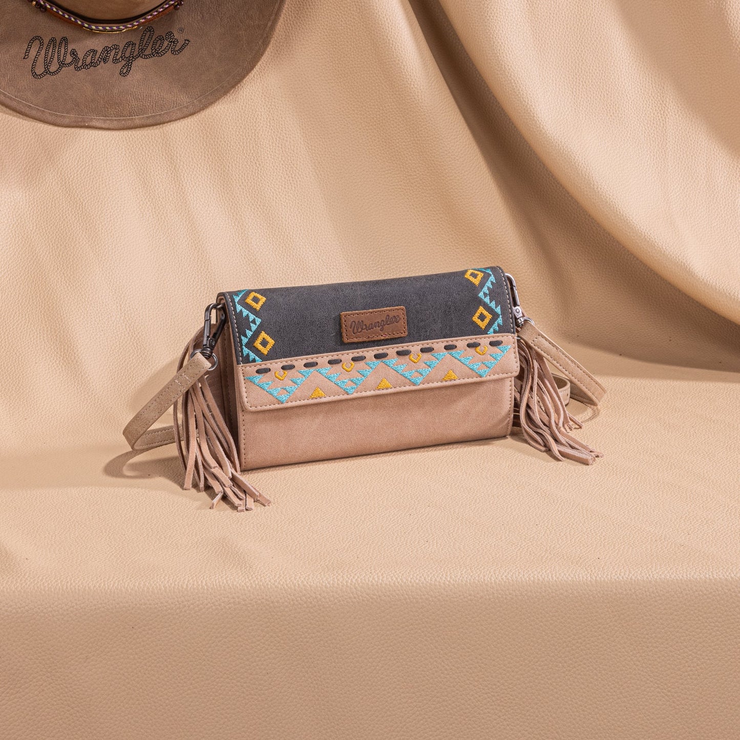 WG233-W018 Wrangler Aztec Embroidered Fringe Wallet/Crossbody -Black