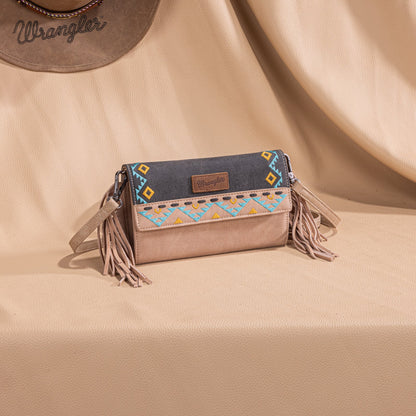 WG233-W018 Wrangler Aztec Embroidered Fringe Wallet/Crossbody -Black