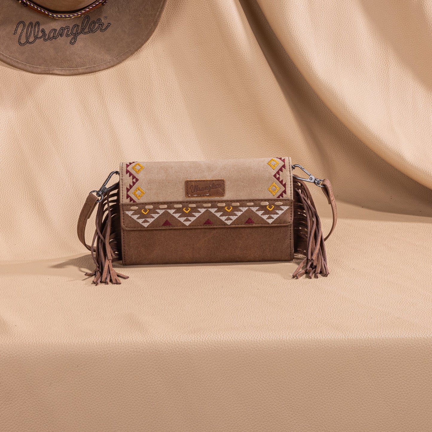 WG233-W018 Wrangler Aztec Embroidered Fringe Wallet/Crossbody -Tan