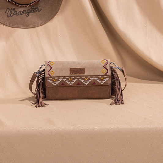 WG233-W018 Wrangler Aztec Embroidered Fringe Wallet/Crossbody -Tan