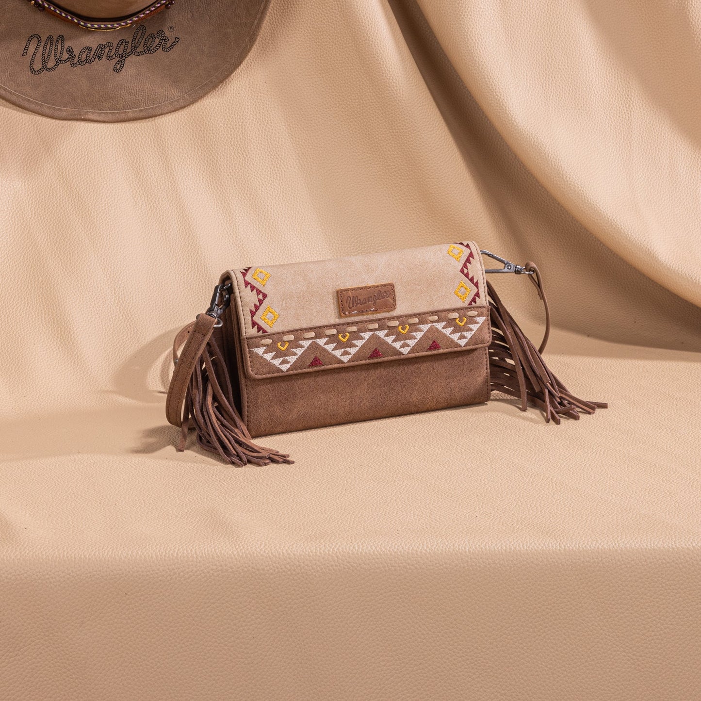 WG233-W018 Wrangler Aztec Embroidered Fringe Wallet/Crossbody -Tan