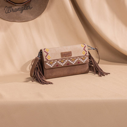WG233-W018 Wrangler Aztec Embroidered Fringe Wallet/Crossbody -Tan