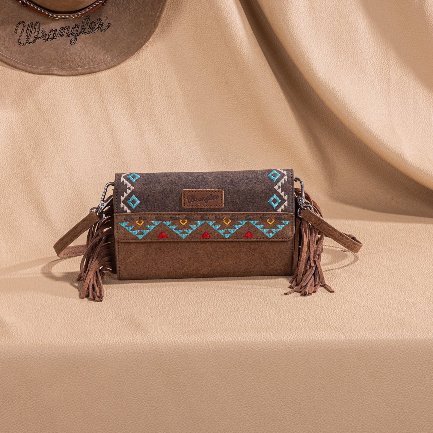 WG233-W018 Wrangler Aztec Embroidered Fringe Wallet/Crossbody -Brown