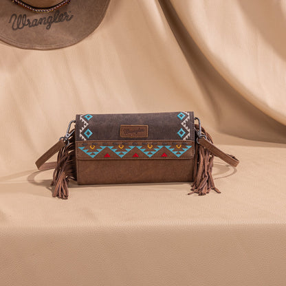 WG233-W018 Wrangler Aztec Embroidered Fringe Wallet/Crossbody -Brown