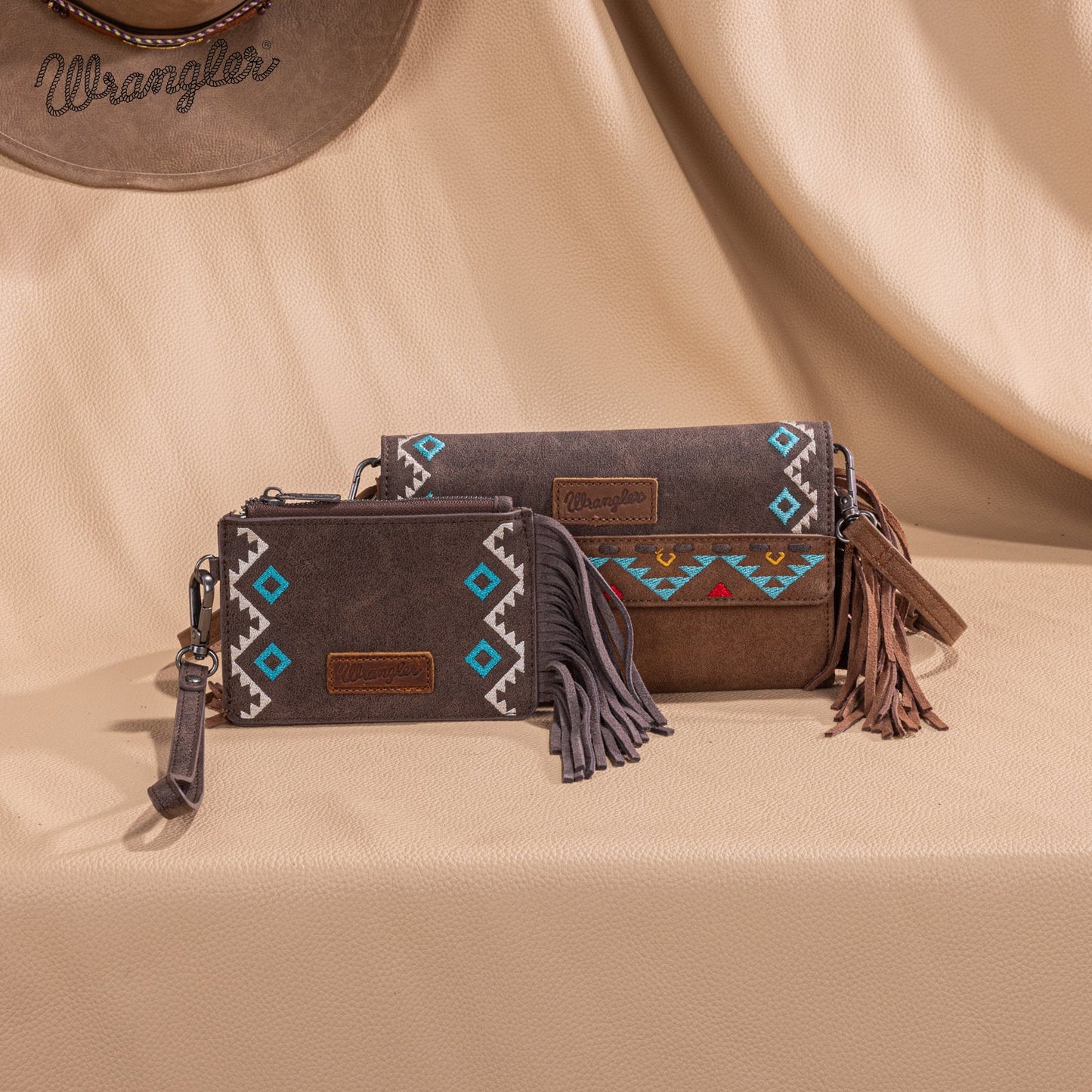 WG233-W018 Wrangler Aztec Embroidered Fringe Wallet/Crossbody -Brown