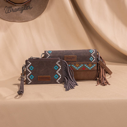 WG233-W018 Wrangler Aztec Embroidered Fringe Wallet/Crossbody -Brown