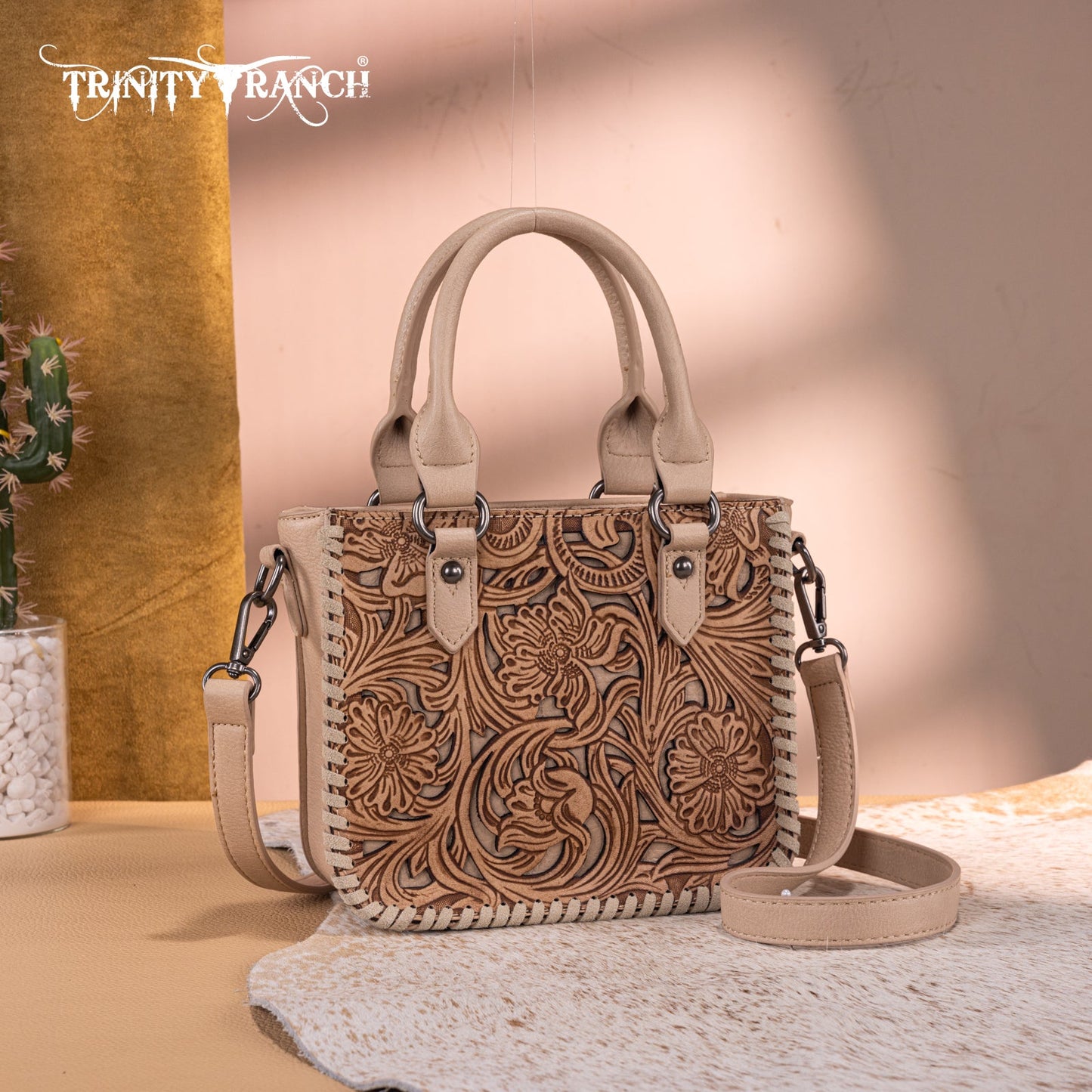 TR192-8800  Trinity Ranch Floral Tooled Collection Mini Tote/Crossbody -Tan