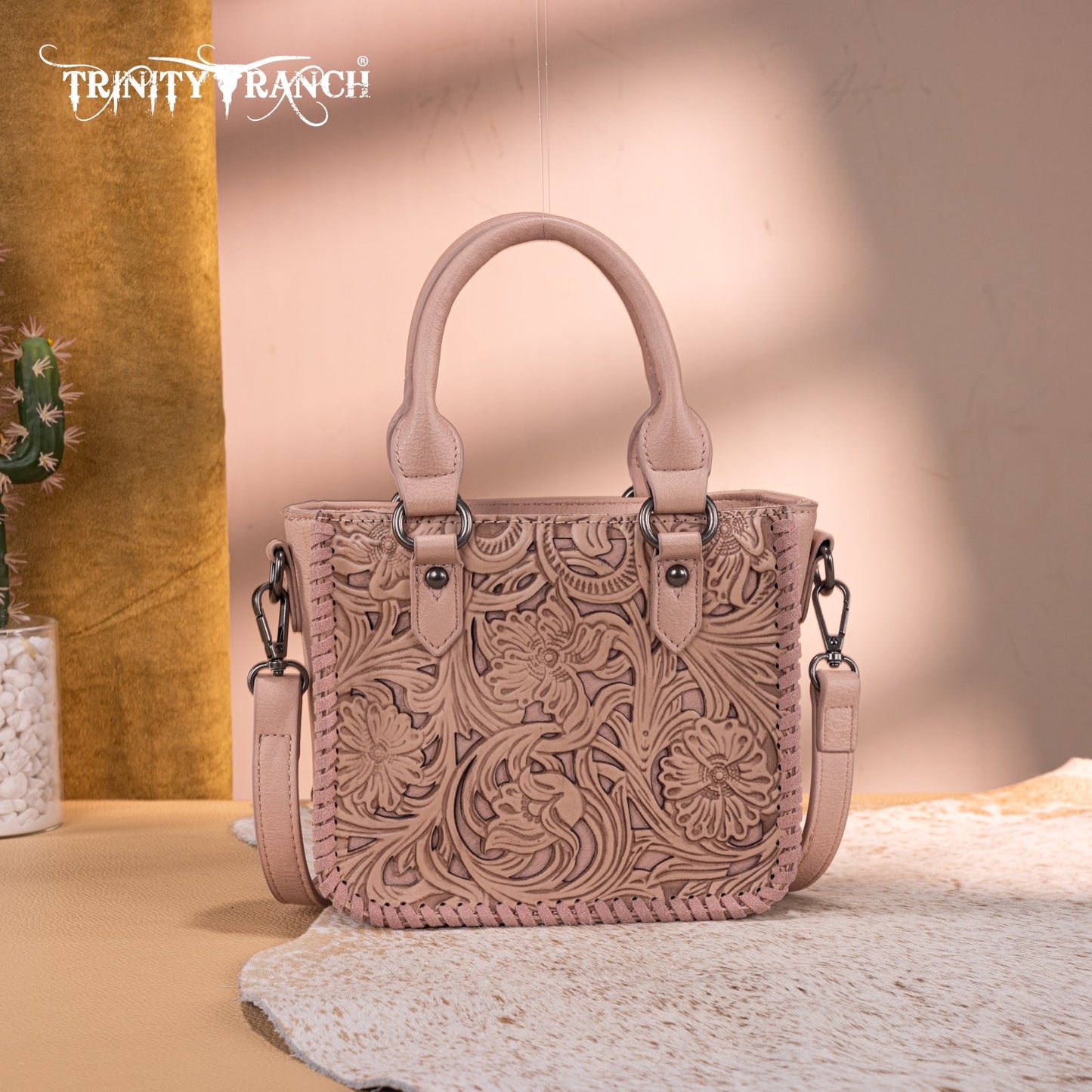 TR192-8800  Trinity Ranch Floral Tooled Collection Mini Tote/Crossbody - Pink