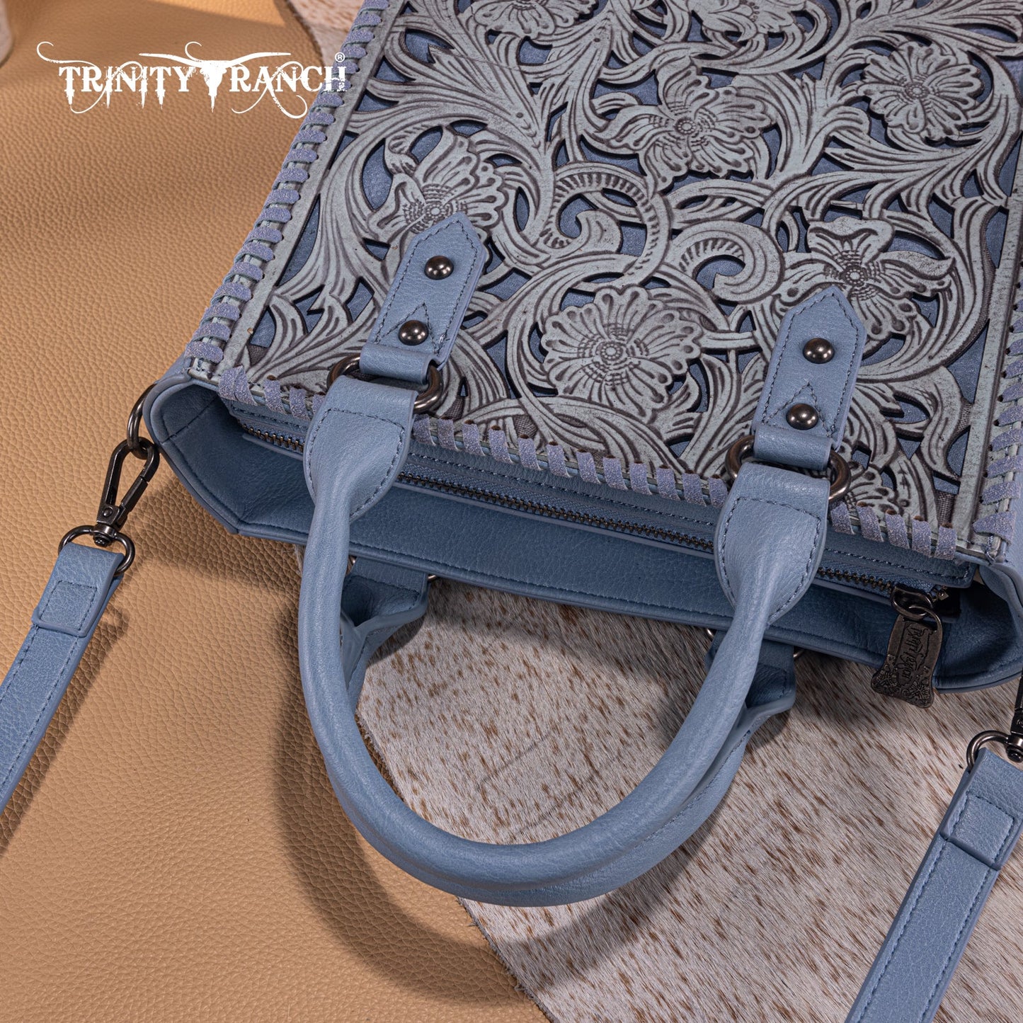 TR192-8368  Trinity Ranch Floral Tooled Collection Tote/Crossbody-Jean