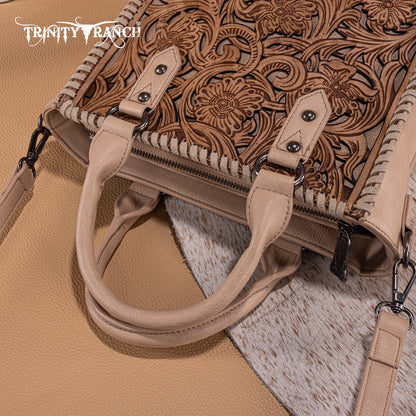 TR192-8368  Trinity Ranch Floral Tooled Collection Tote/Crossbody- Tan