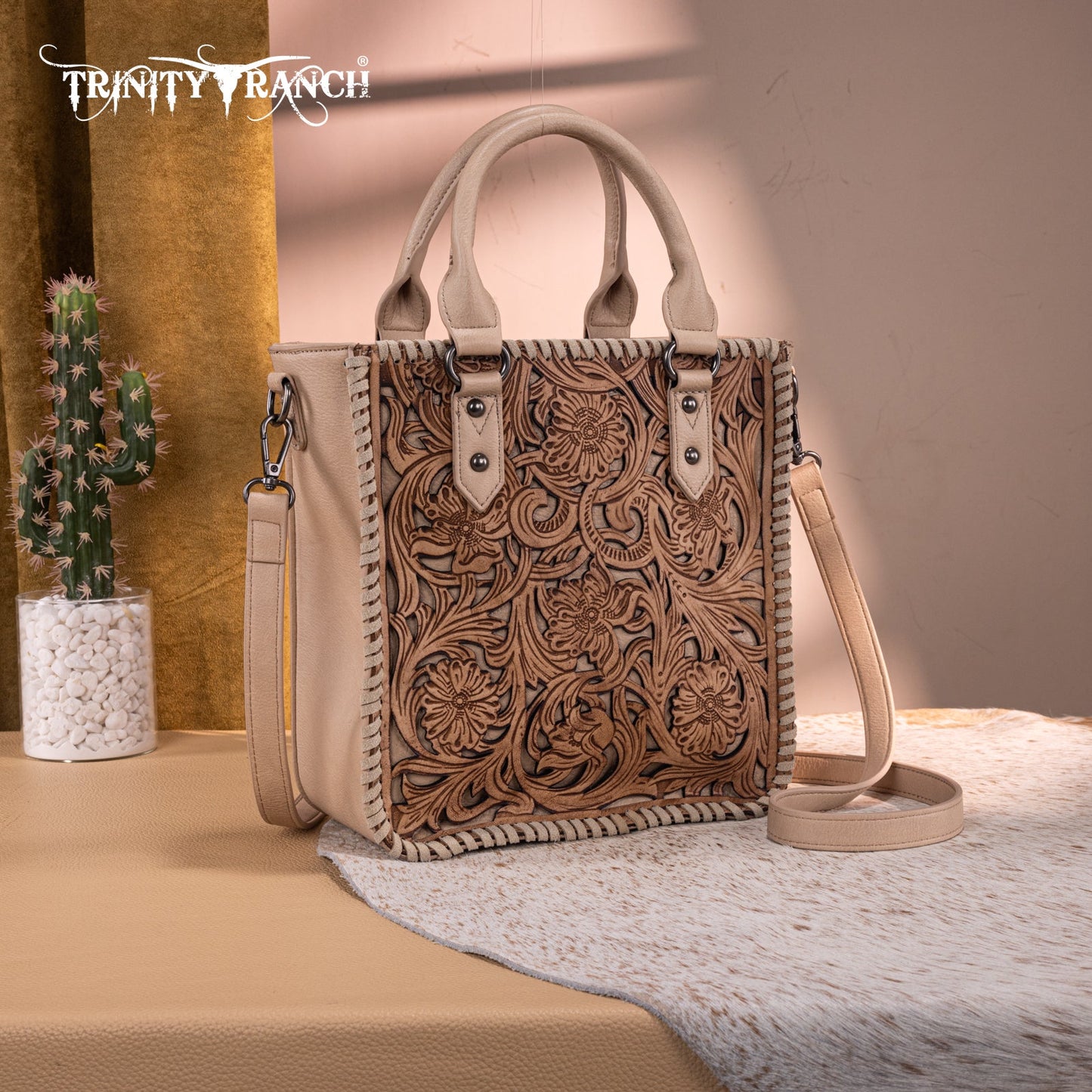 TR192-8368  Trinity Ranch Floral Tooled Collection Tote/Crossbody- Tan