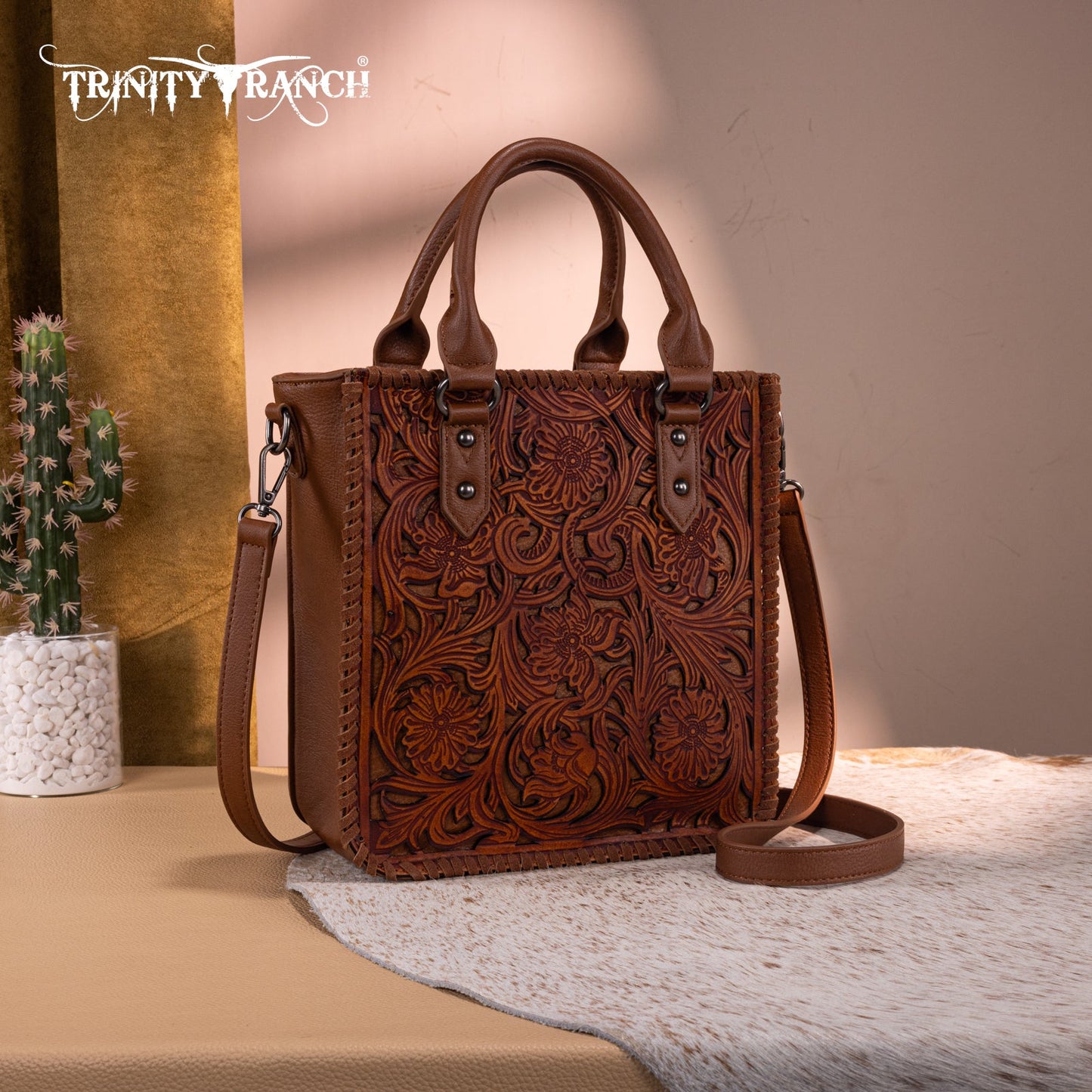 TR192-8368  Trinity Ranch Floral Tooled Collection Tote/Crossbody- Brown