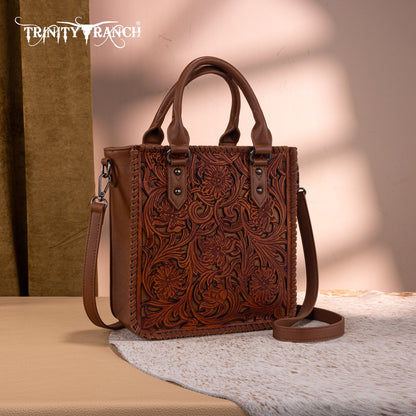 TR192-8368  Trinity Ranch Floral Tooled Collection Tote/Crossbody- Brown