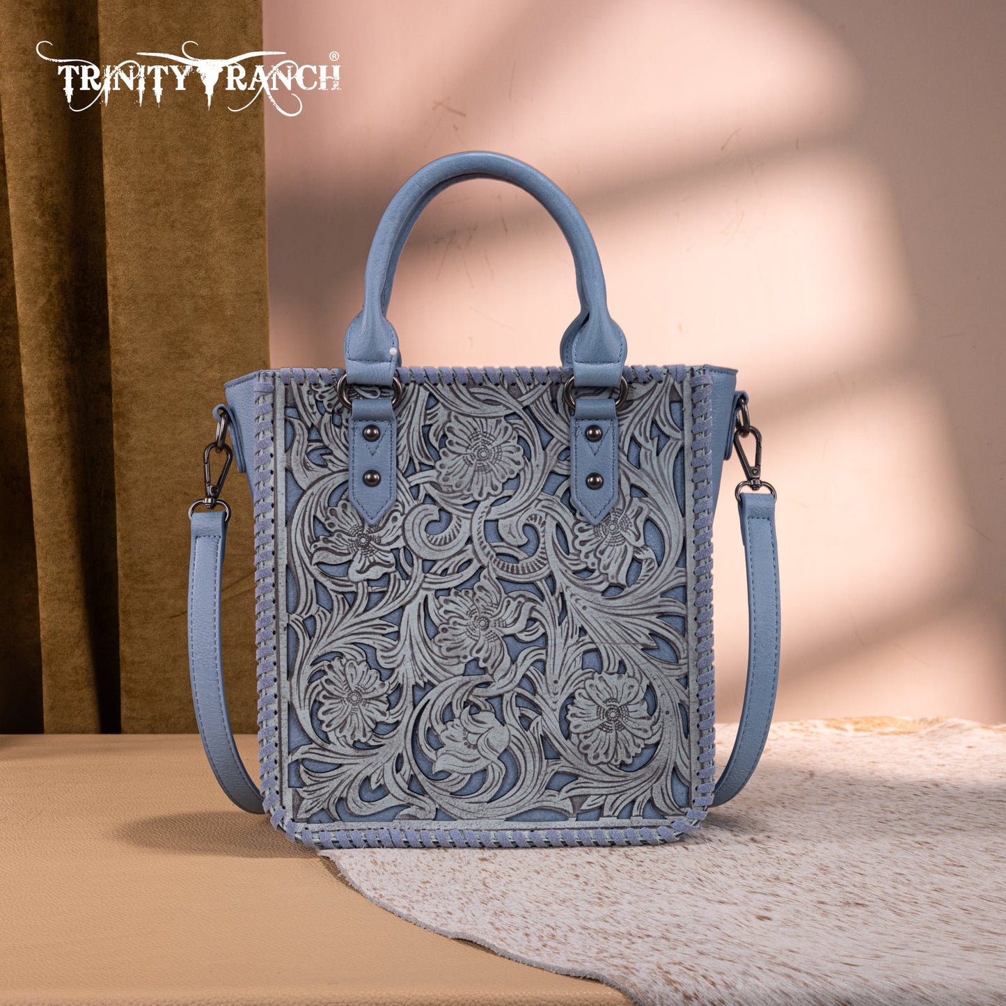 TR192-8368  Trinity Ranch Floral Tooled Collection Tote/Crossbody-Jean