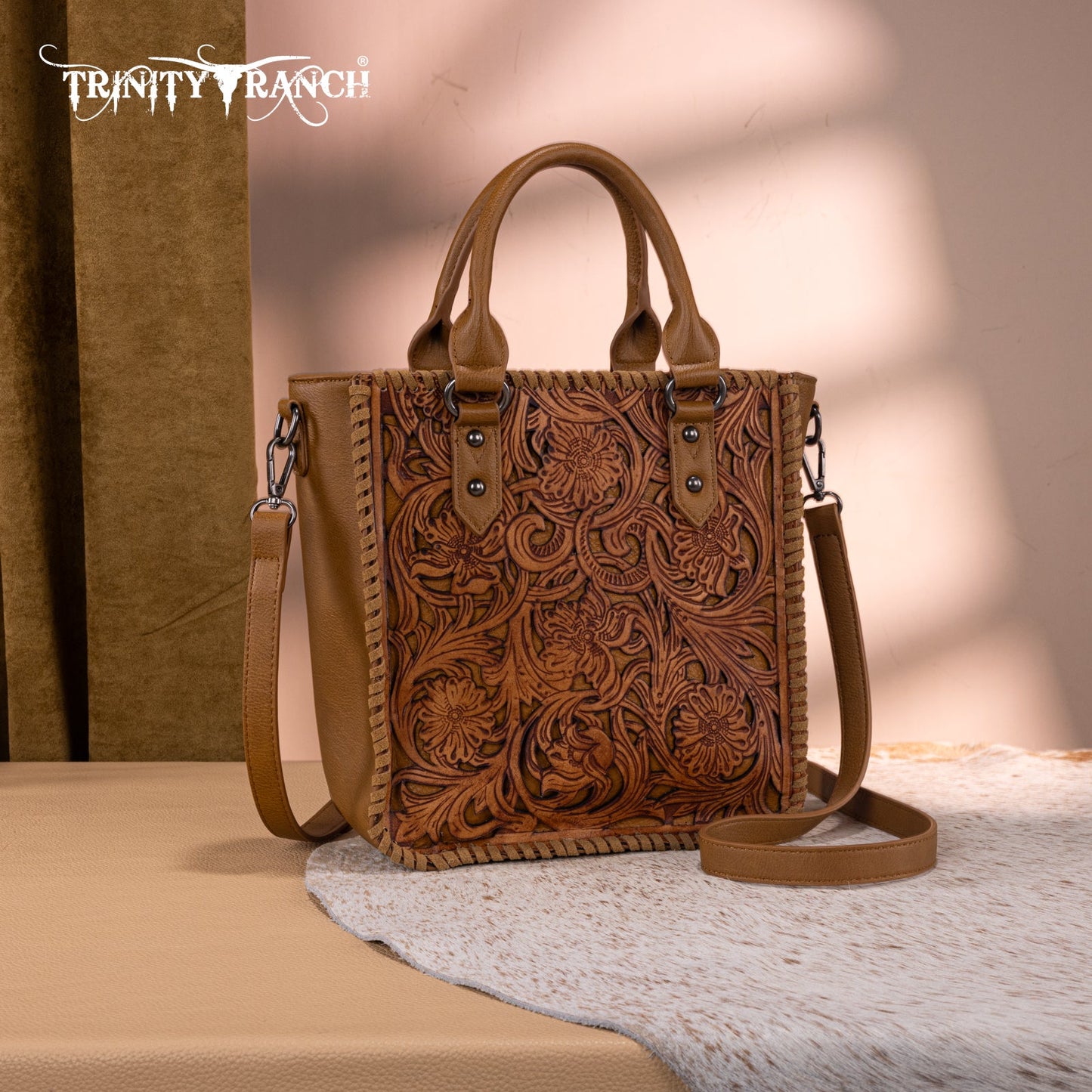 TR192-8368  Trinity Ranch Floral Tooled Collection Tote/Crossbody-Light Brown