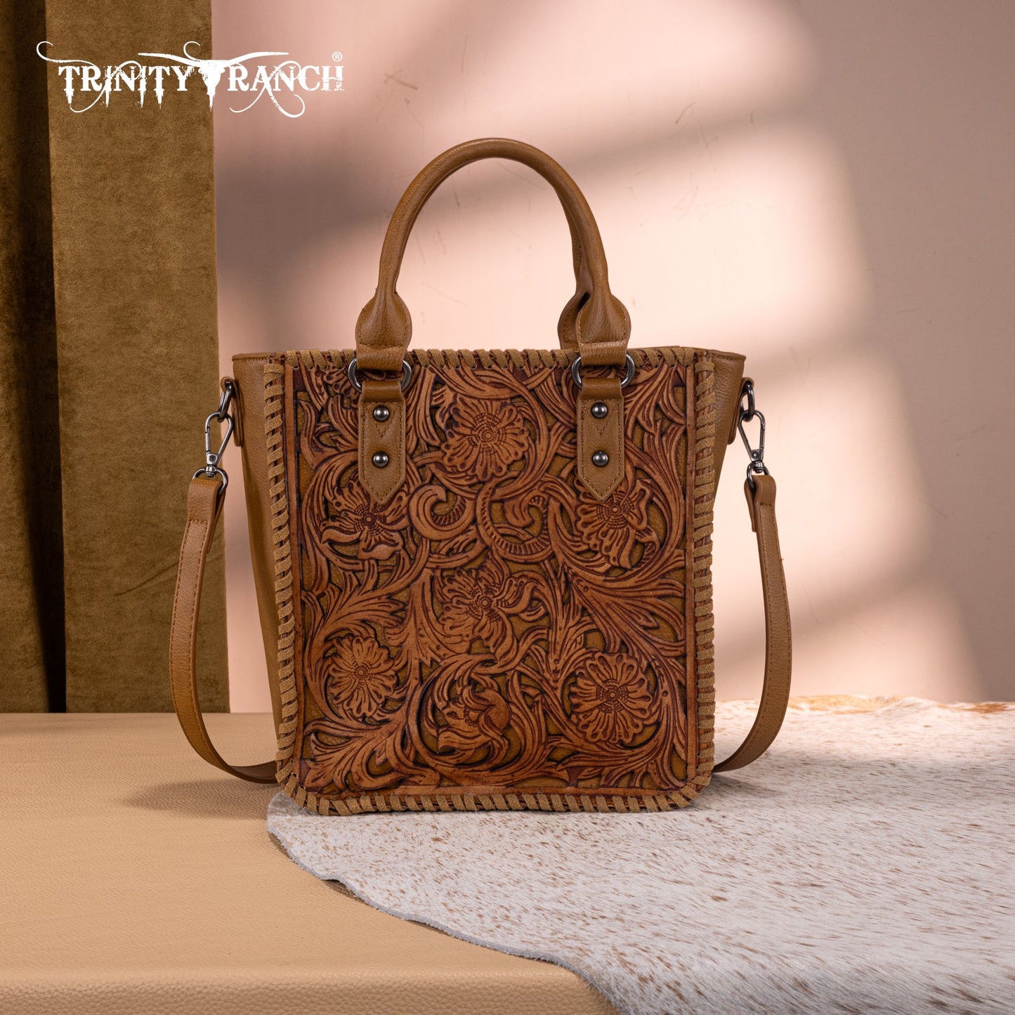 TR192-8368  Trinity Ranch Floral Tooled Collection Tote/Crossbody-Light Brown