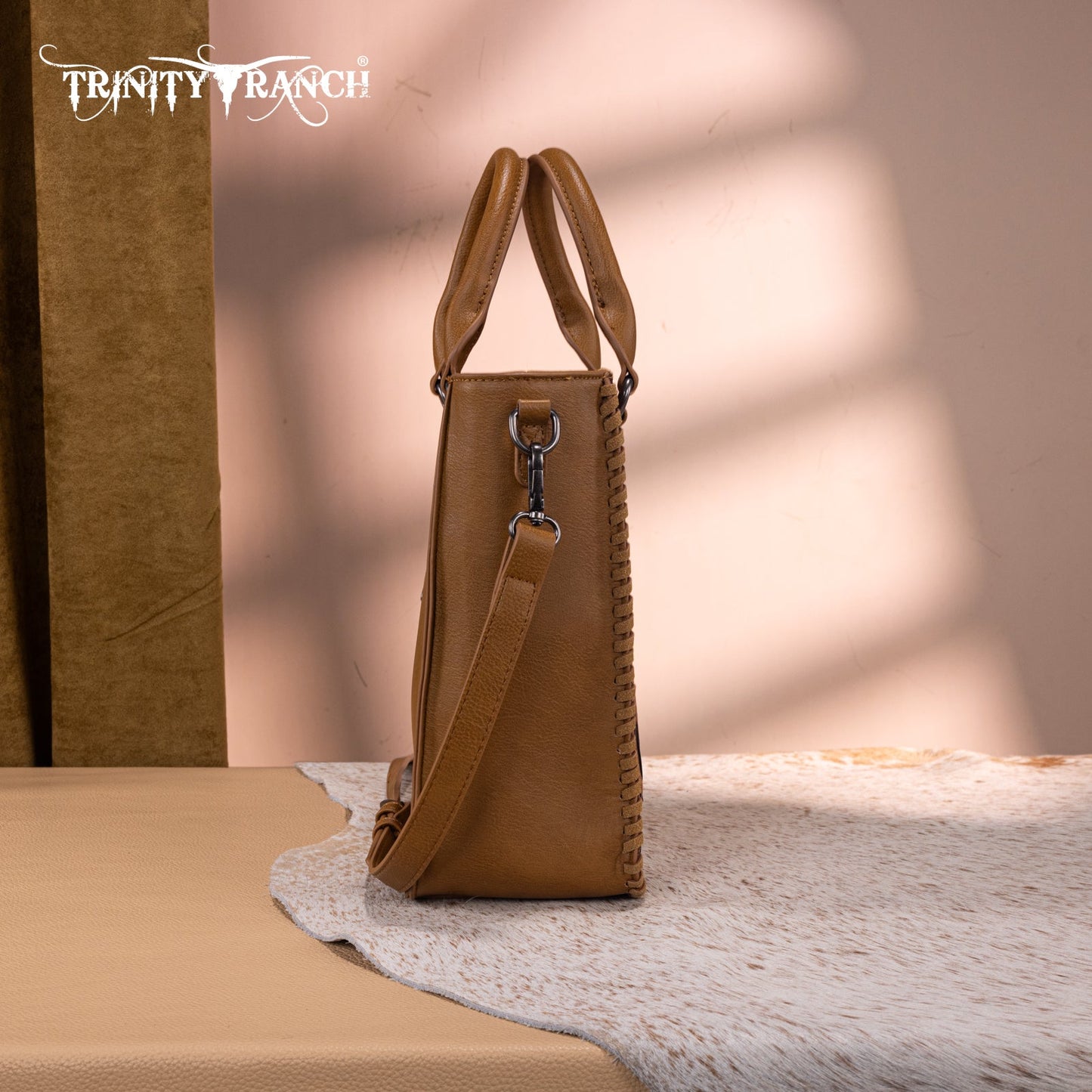 TR192-8368  Trinity Ranch Floral Tooled Collection Tote/Crossbody-Light Brown