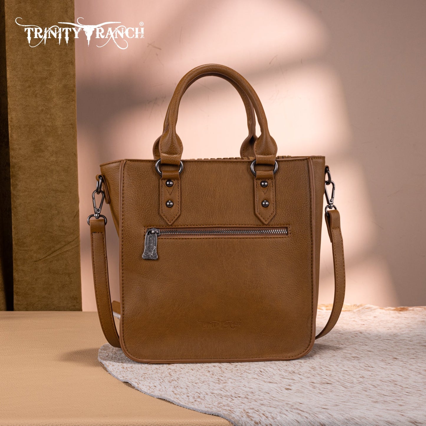 TR192-8368  Trinity Ranch Floral Tooled Collection Tote/Crossbody-Light Brown