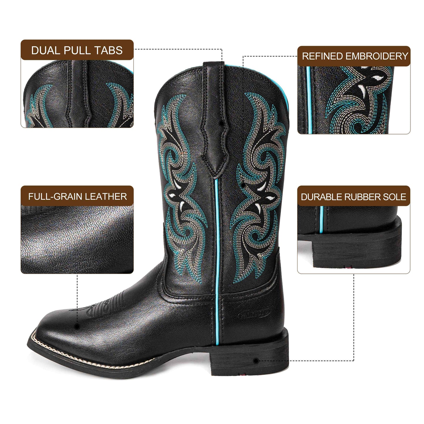 Palitutu PLT203604 Women's Western Cowgirl Boots - Full Grain Leather, Square Toe