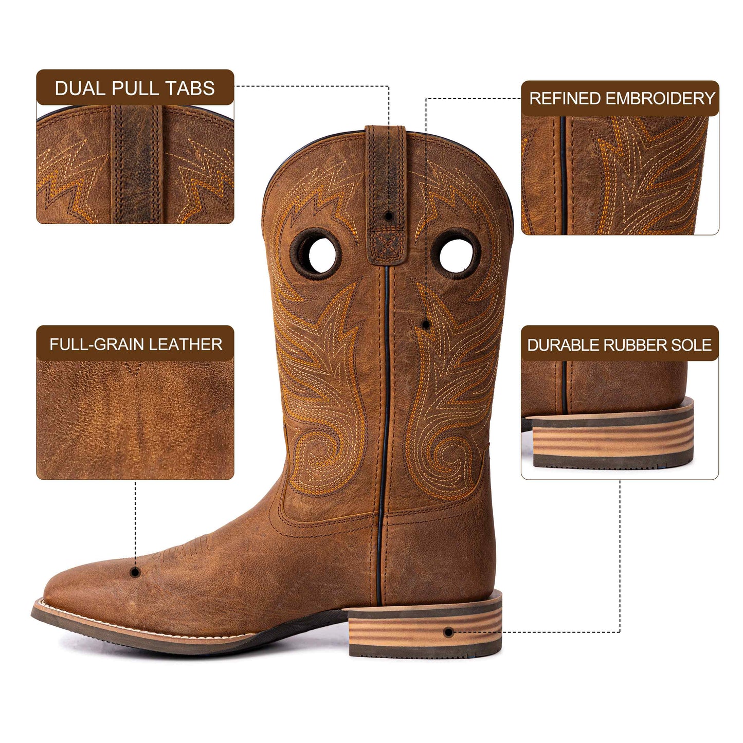 Palitutu PLT103614 Men's Western Cowboy Boots - Full Grain Leather, Square Toe