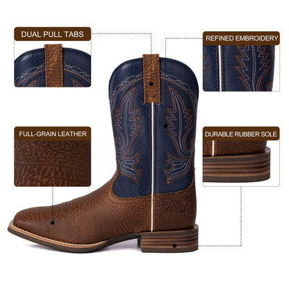 Palitutu PLT103616 Men's Western Cowboy Boots - Full Grain Leather, Square Toe