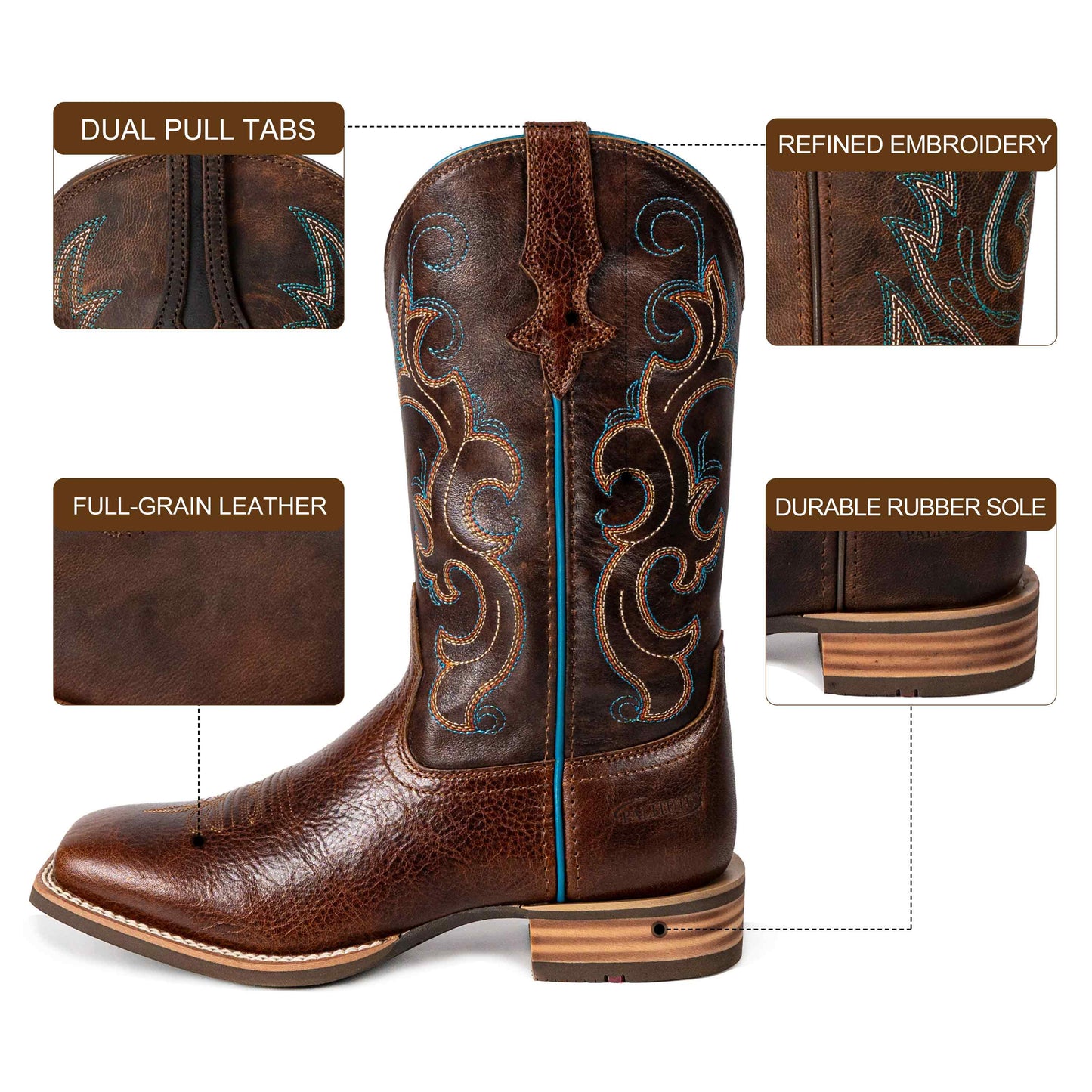 Palitutu PLT203601 Women's Western Cowgirl Boots - Full Grain Leather, Square Toe