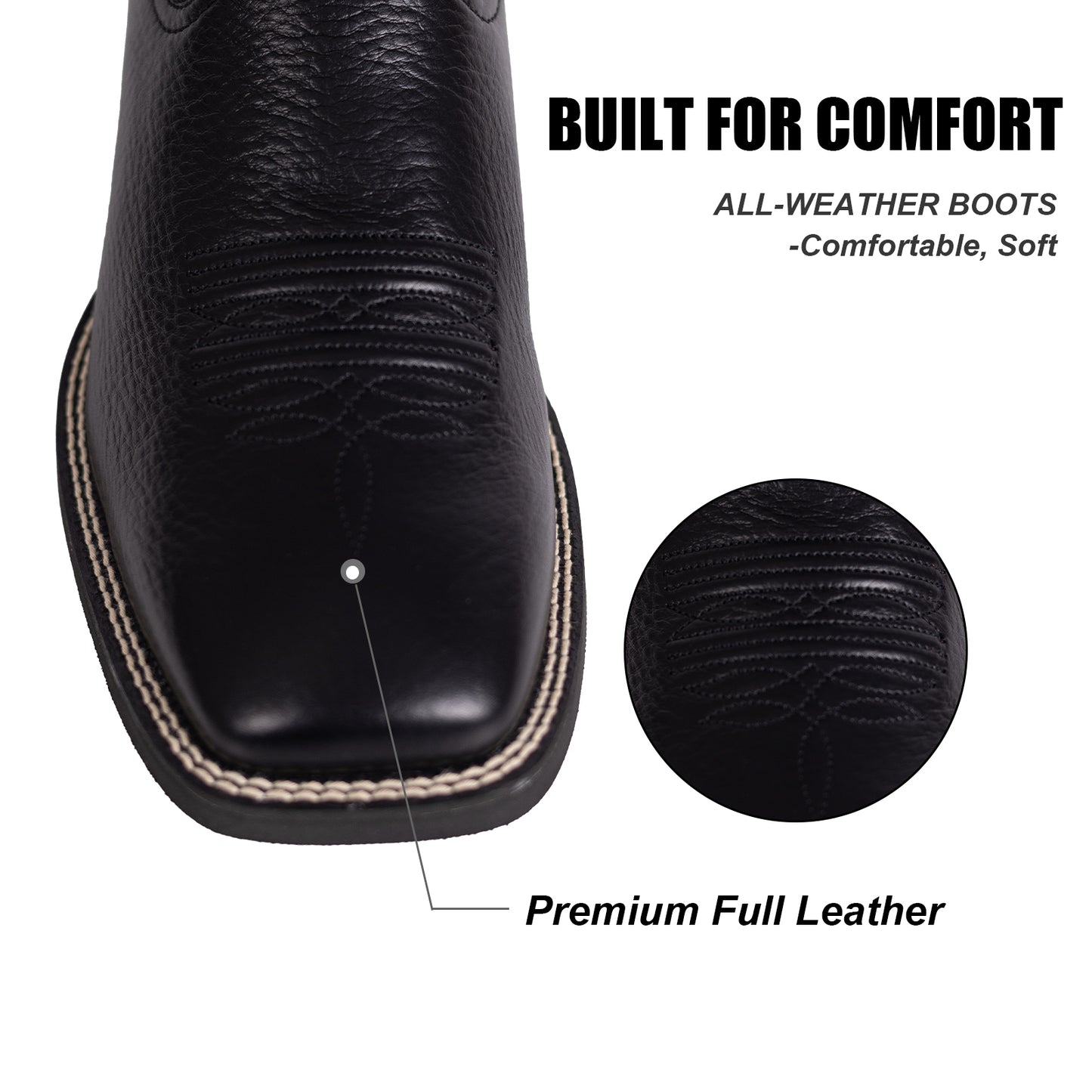 Palitutu PLT103612 Men's Western Cowboy Boots - Full Grain Leather, Square Toe