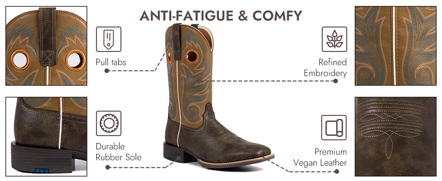 Palitutu PLT603604 Men's Western Cowboy Boots - PU Leather, Square Toe