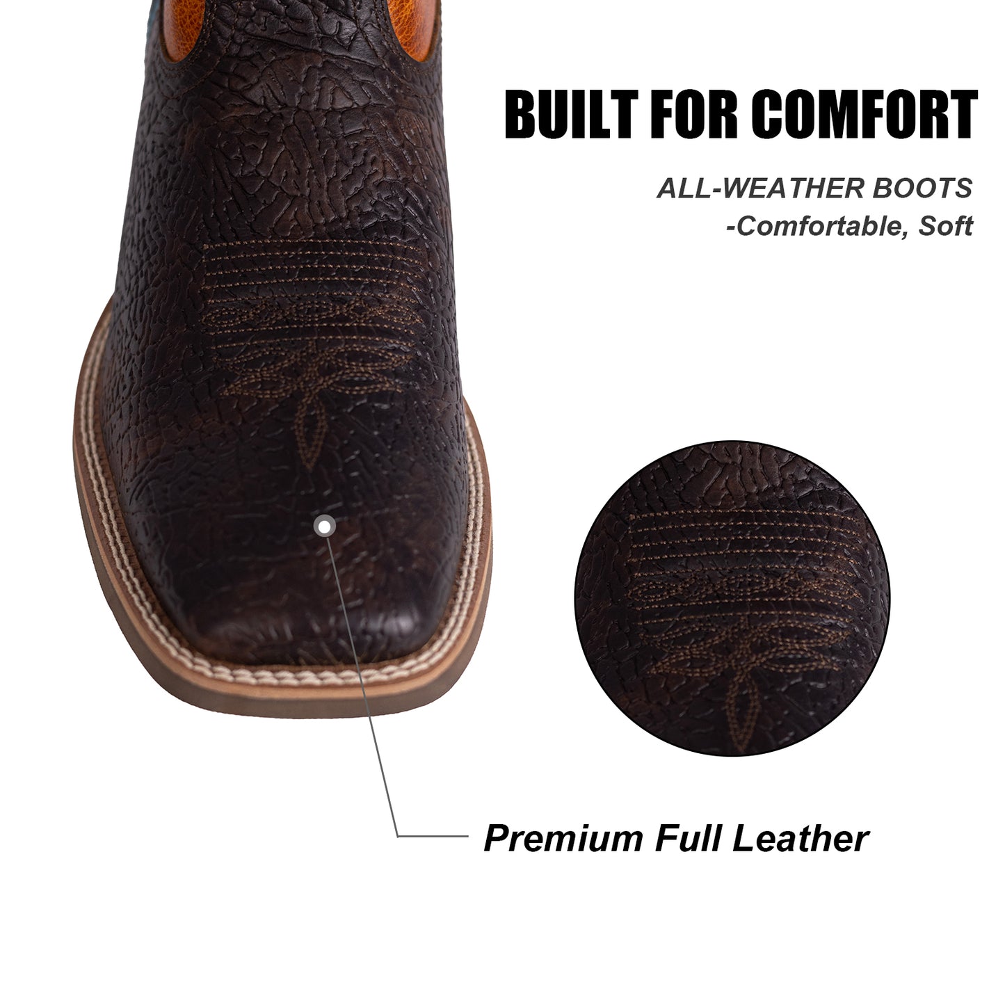 Palitutu PLT103607 Men's Western Cowboy Boots - Full Grain Leather, Square Toe